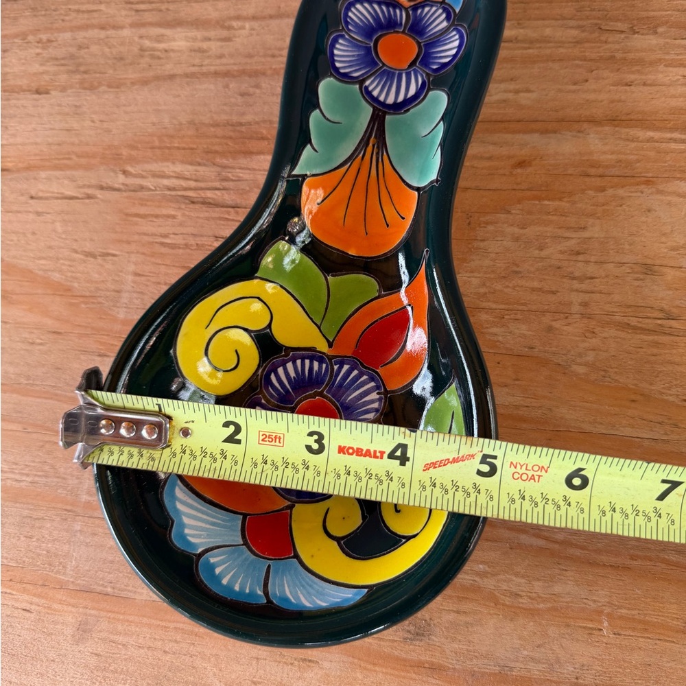 Hand-Painted Floral Talavera Spoon Rest in Dark Green with Bright Accents - Picture 5 of 5